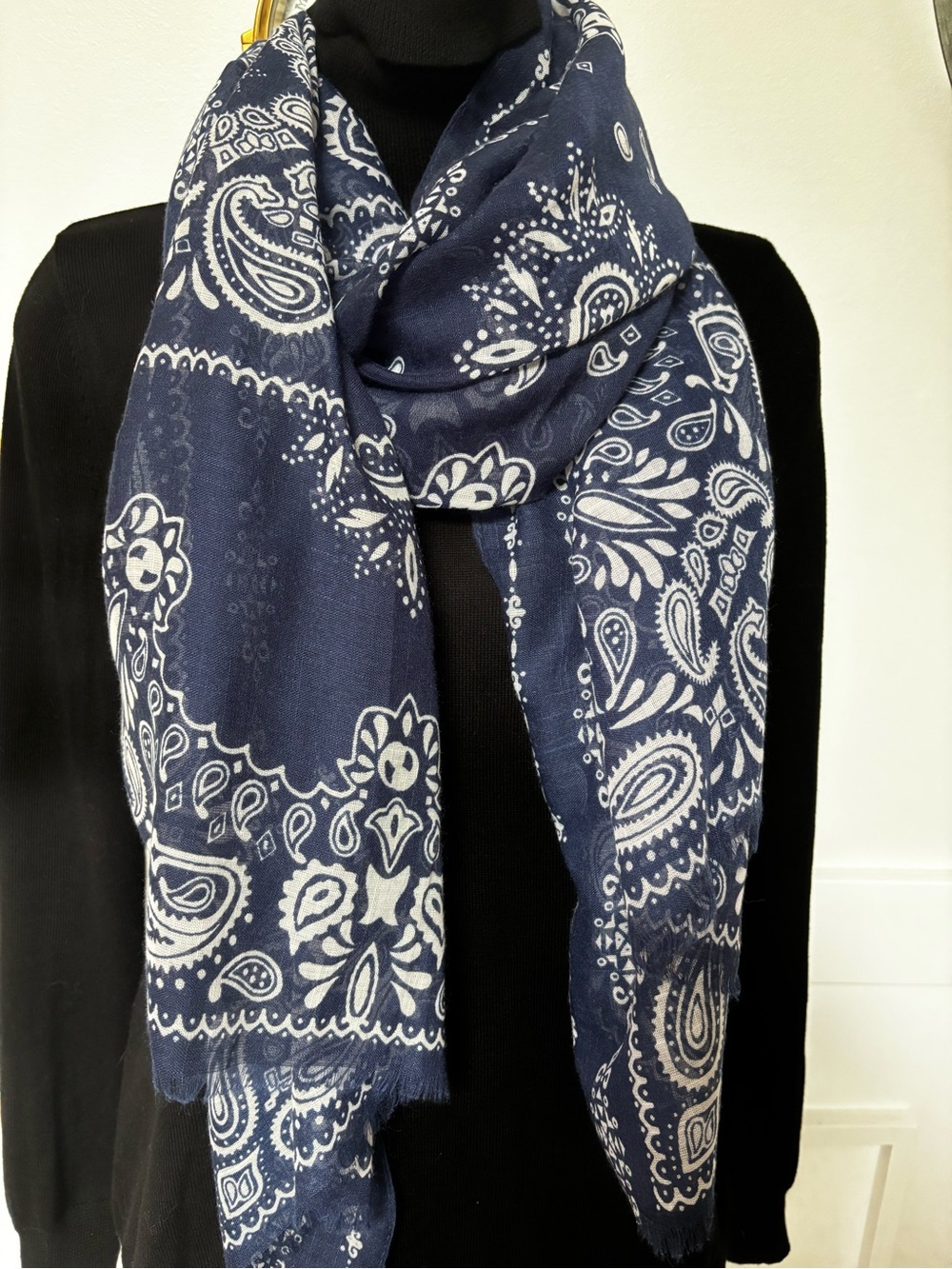 Classic Navy white paisley bandana-style print and soft frayed edges